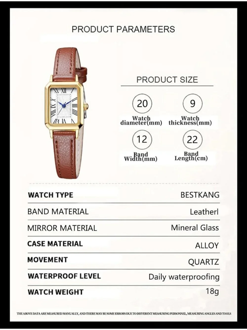 Women's Brown Gold White Leather Strap Elegant Vintage Rectangle Wrist Watch